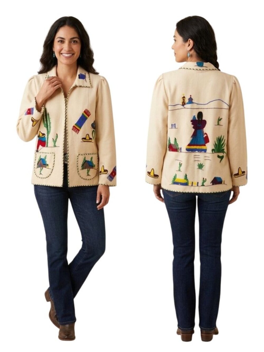 Incredible Vintage Mexican Wool Fully Embroidered Unique Open Front Jacket Size